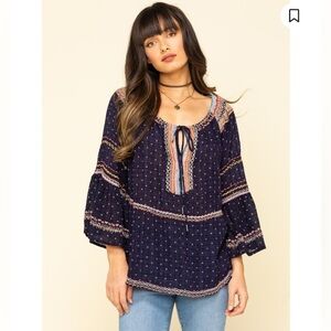 Free People Talia Navy Bohemian Blouse with Embroidered Details Bell Sleeves XS